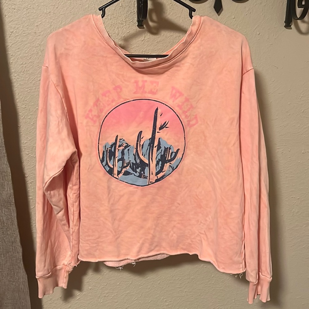 Large vintage style crop sweater. Keep me wild cactus with mountains